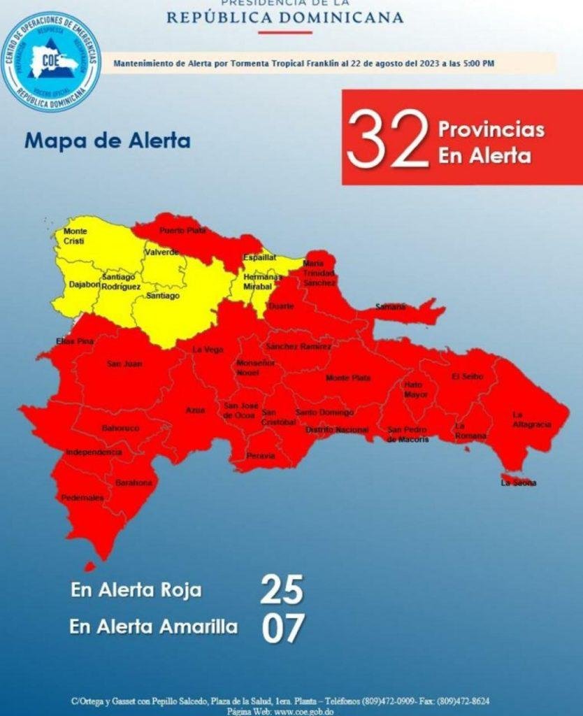 Colocan a 25 provincias bajo alerta roja por tormenta tropical franklin